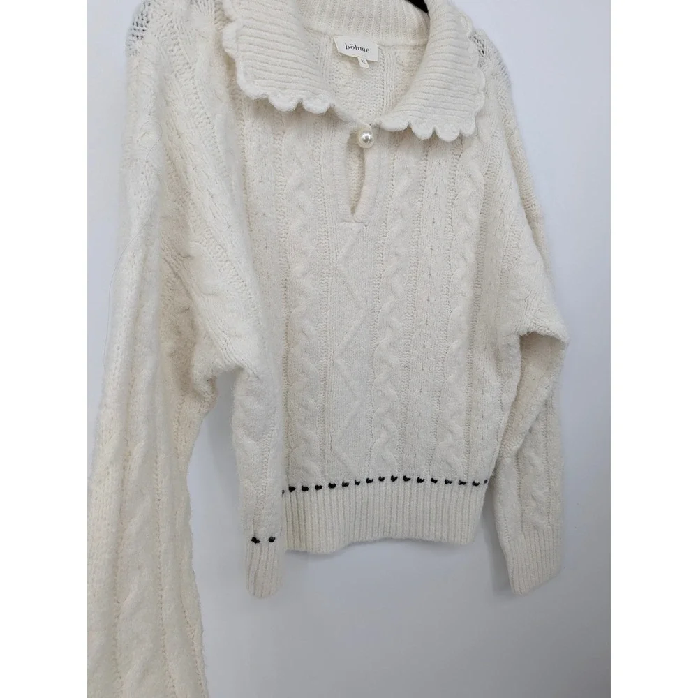 bohme Coquette Sweater Women XL Ivory Cable Knit Scalloped Pearl Button Grandma
